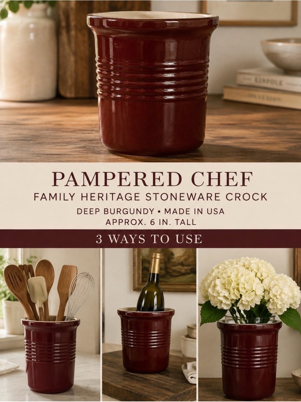 Retired Pampered Chef Family Heritage Collection Stoneware Crock Burgundy